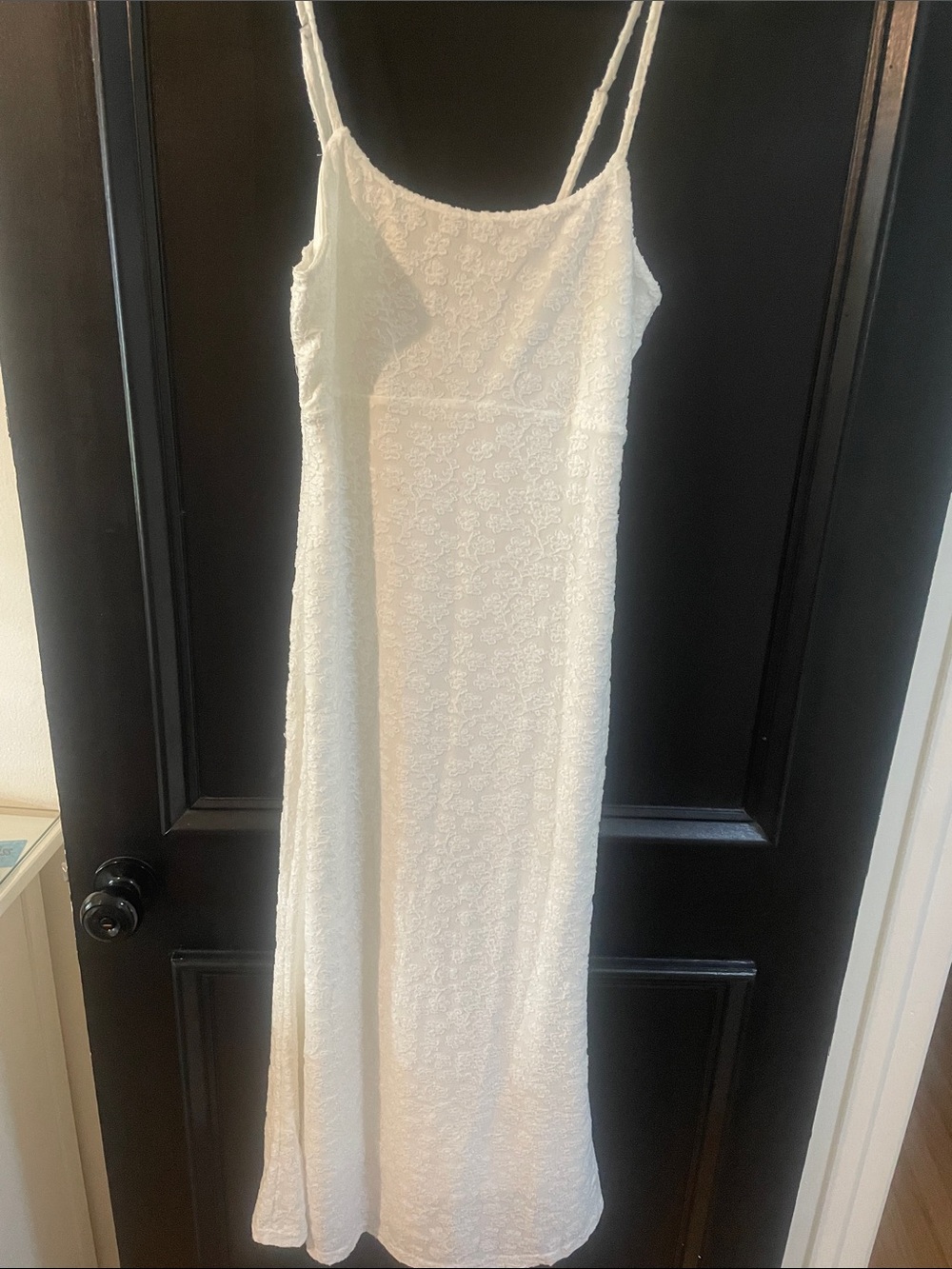Lace-Textured Cream Slip Dress with Double Spaghetti Straps